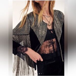 Free People Llani Donna Black Velvet Beaded Fringe Jacket NWT Size Small